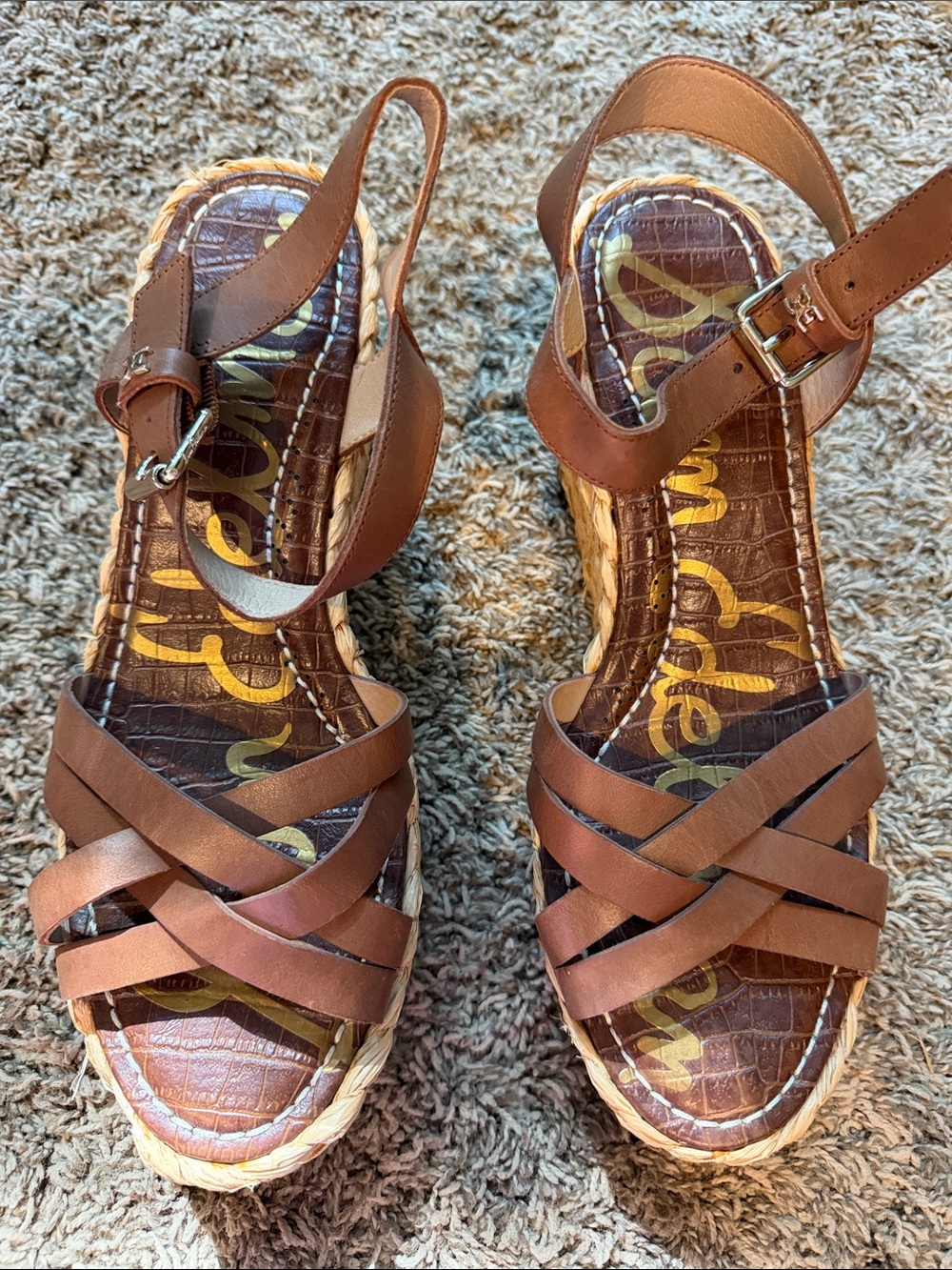 Sam Edelman Brown Leather Crisscross Espadrille Wedge Sandals